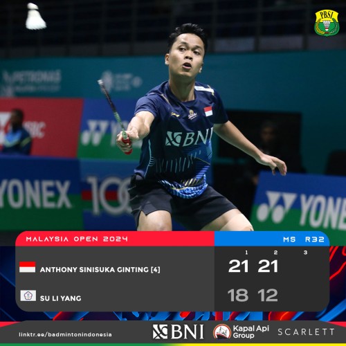 Jojo Tumbang, Ginting Lolos ke Babak 16 Besar Malaysia Open 2024